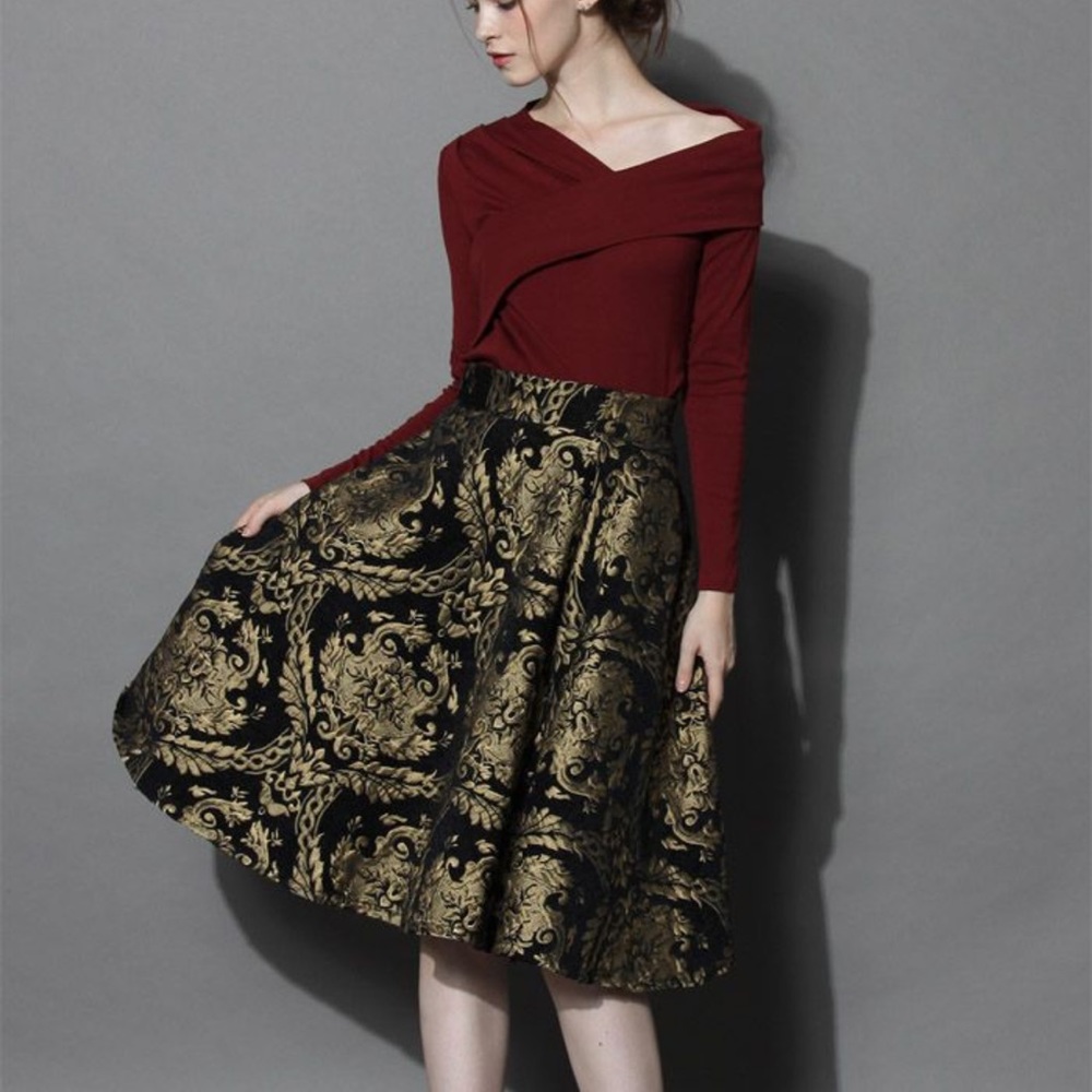 Chickwish GOLDEN BOUQUET JACQUARD MIDI SKIRT